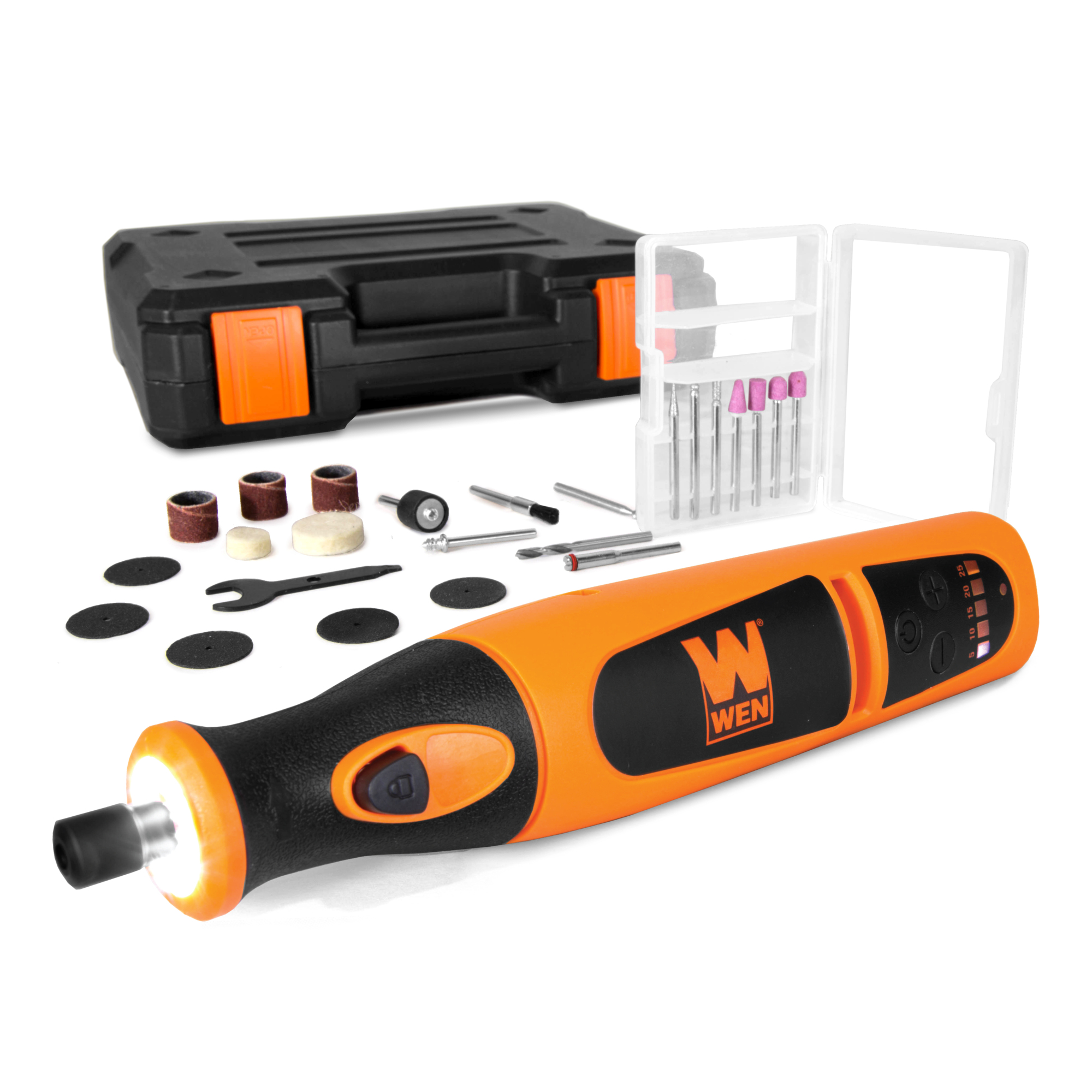 WEN Cordless Rotary Tool Kit - 7.2V, 24-Pc. Accessory Set, Variable Speed 25000 RPM, LED Lights, Model# 23072